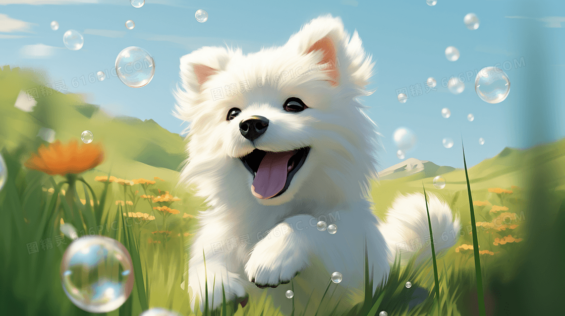 卡通可爱小狗在草地玩耍保护动物插画