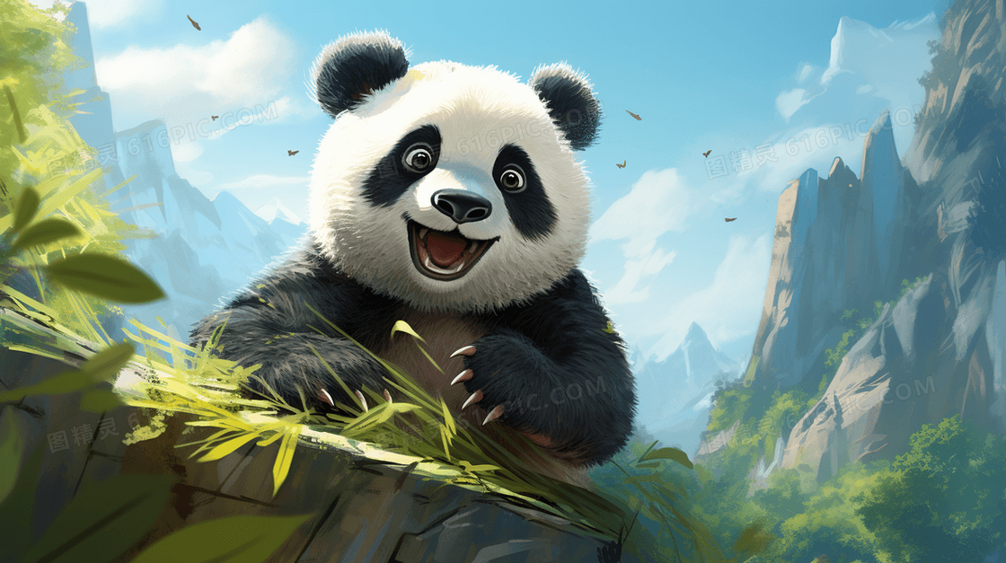 卡通熊猫在野外草地保护动物插画