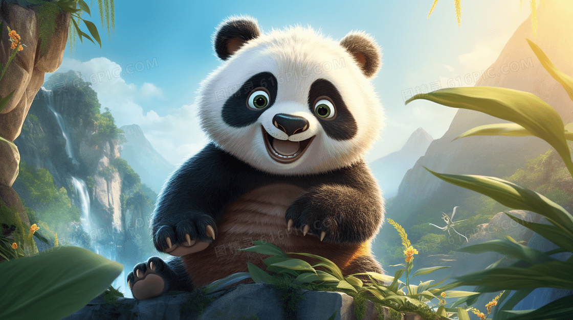 卡通熊猫在野外草地保护动物插画