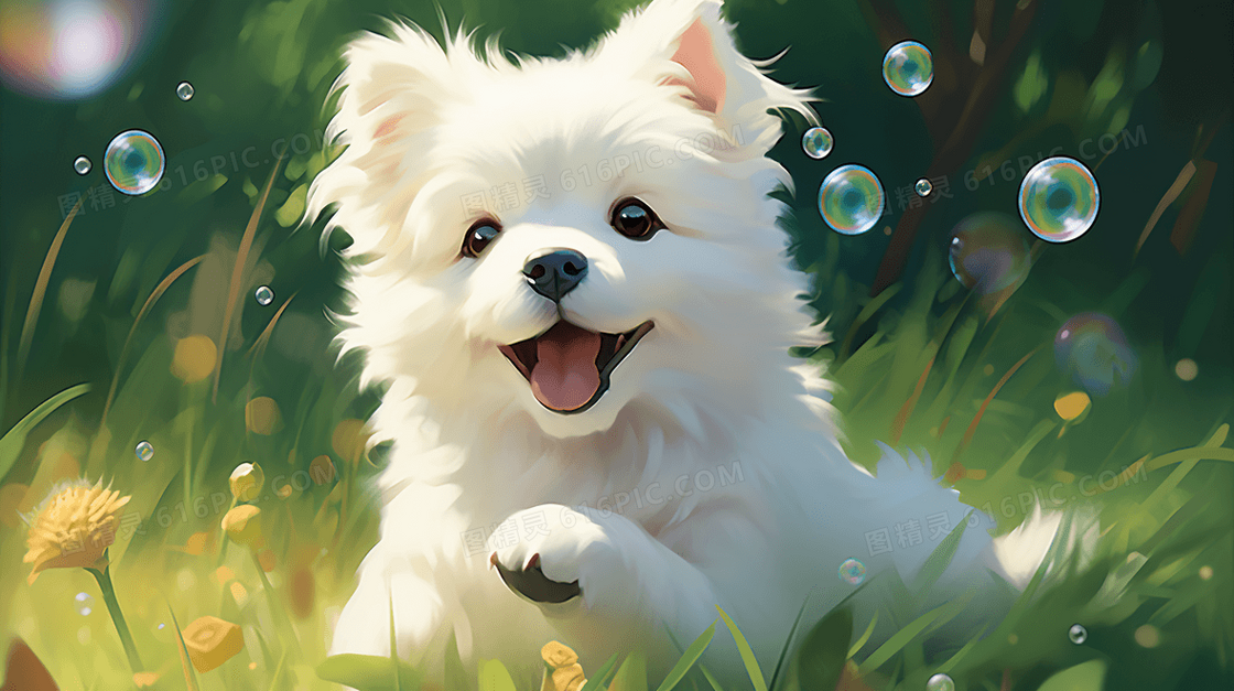 卡通可爱小狗在草地玩耍保护动物插画