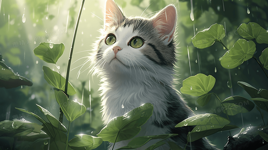 卡通可爱猫咪在森林中淋雨插画