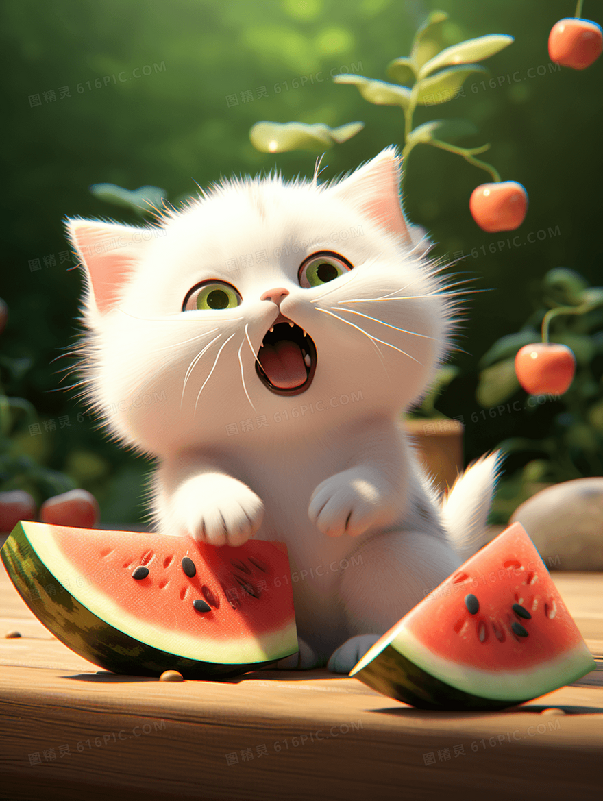 卡通可爱猫咪小猫吃西瓜保护动物插画