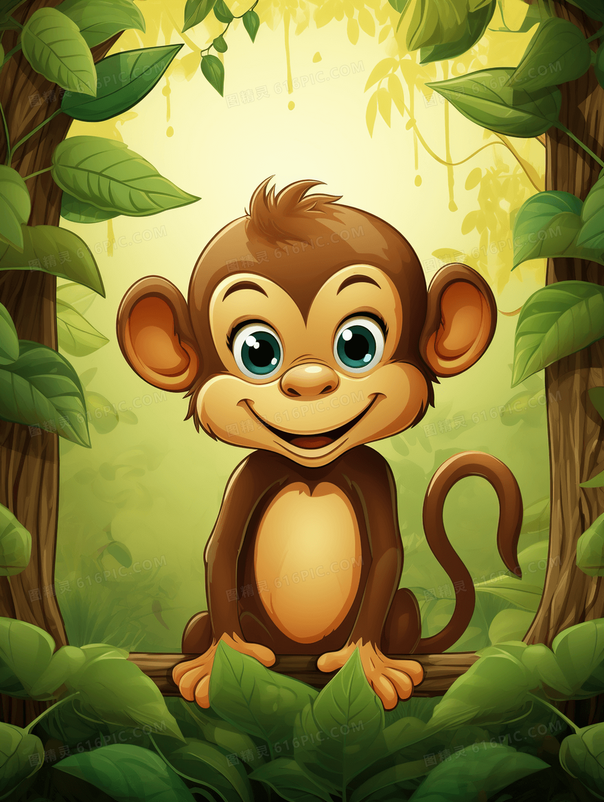 卡通可爱野生猴子森林草地保护动物插画