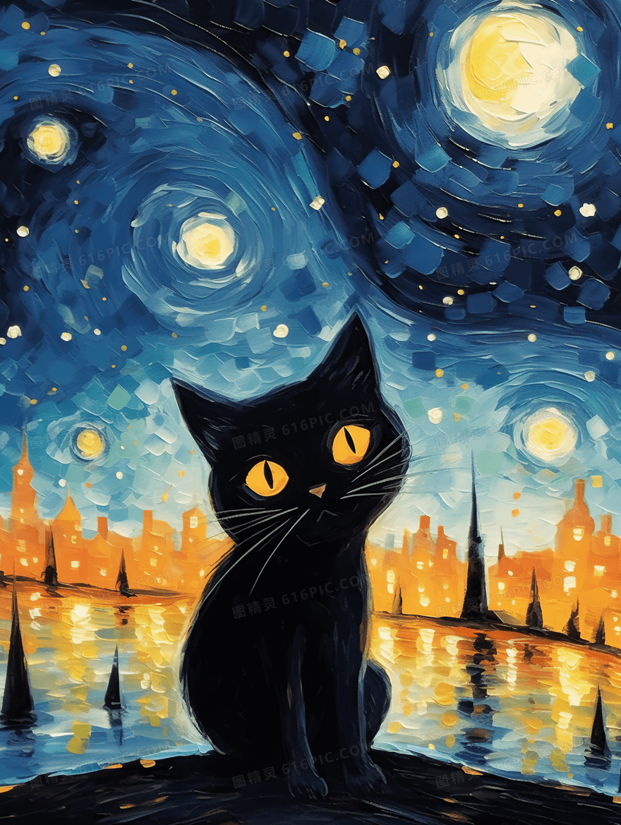 卡通可爱星空油画猫咪小猫保护动物插画