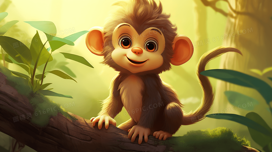 卡通可爱野生猴子在森林玩耍插画