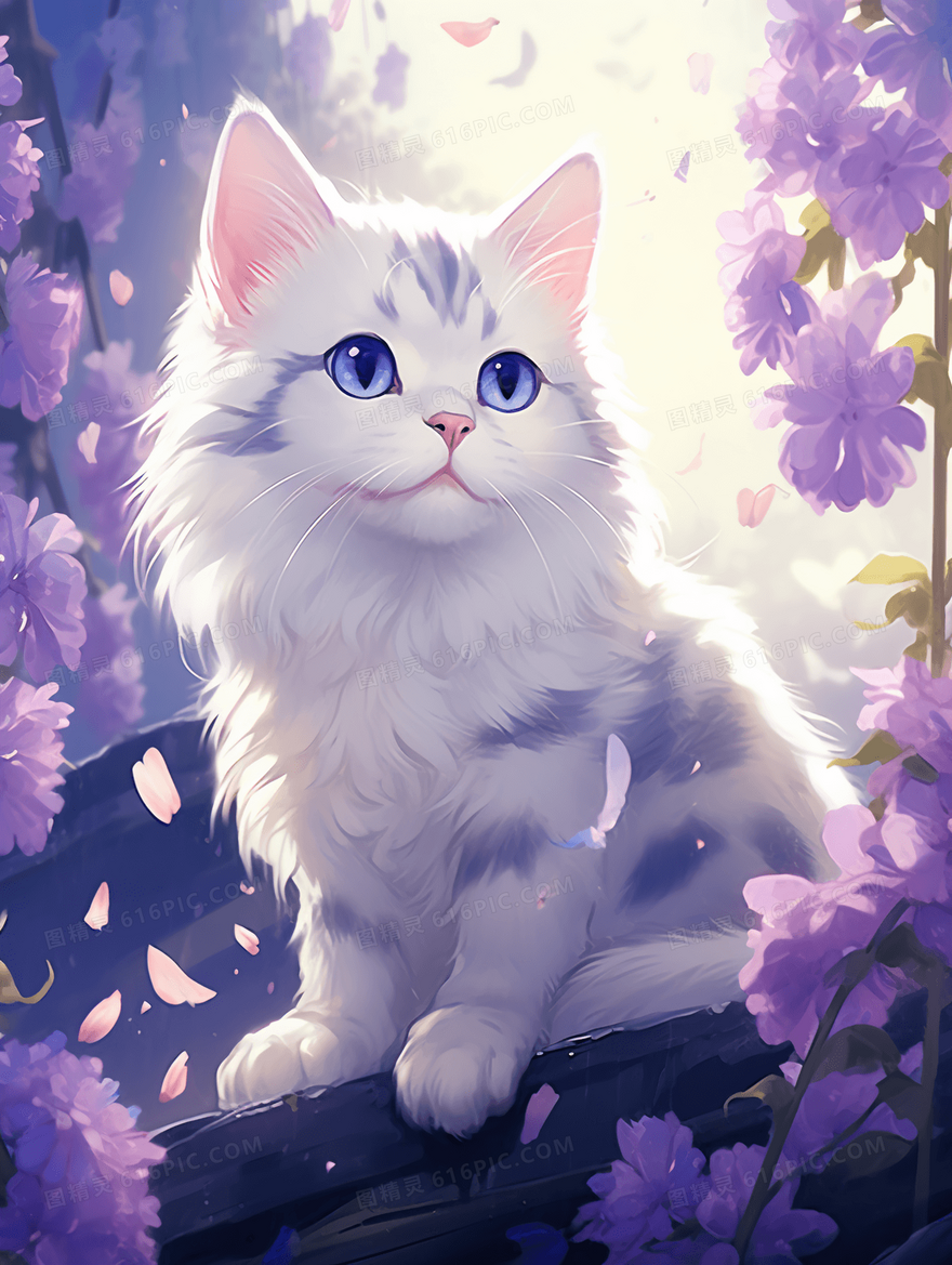 卡通可爱猫咪在紫藤花海中插画