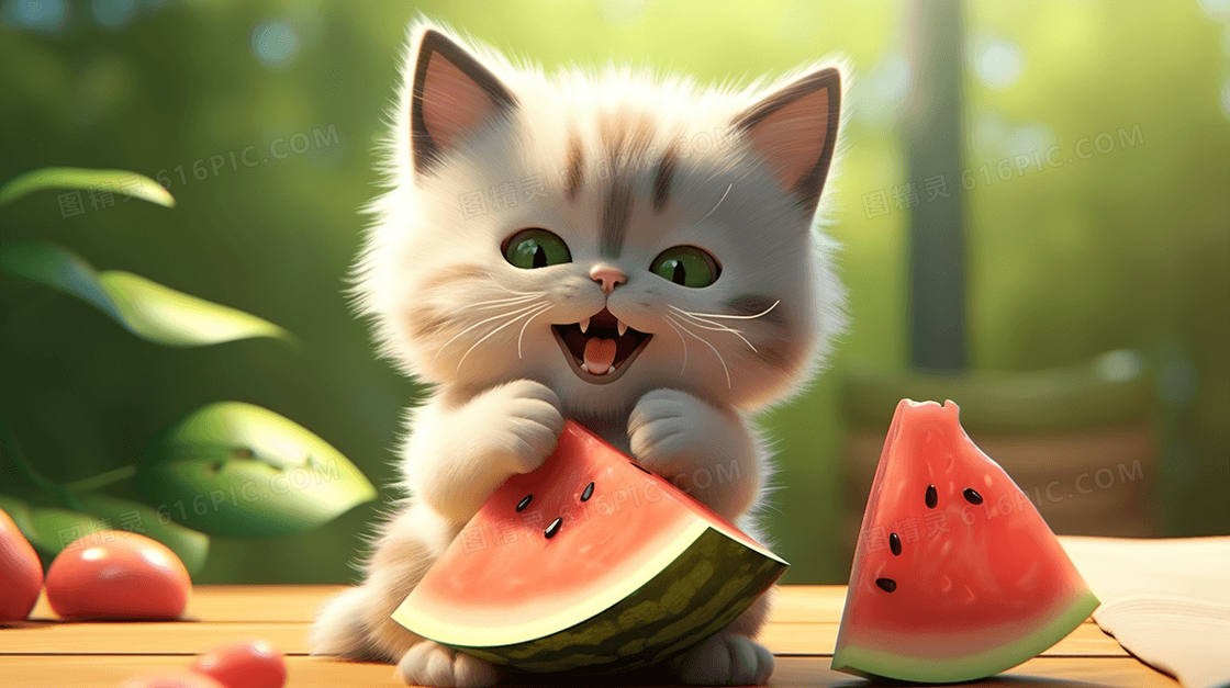 卡通可爱猫咪小猫吃西瓜保护动物插画