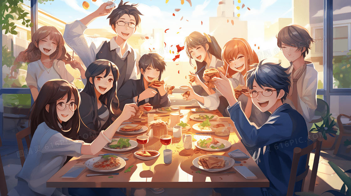 朋友们聚会一起享用美食插画