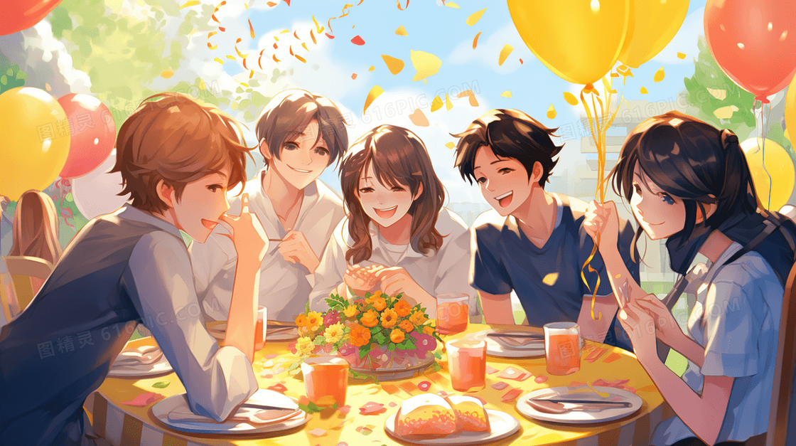 朋友们聚会一起享用美食插画