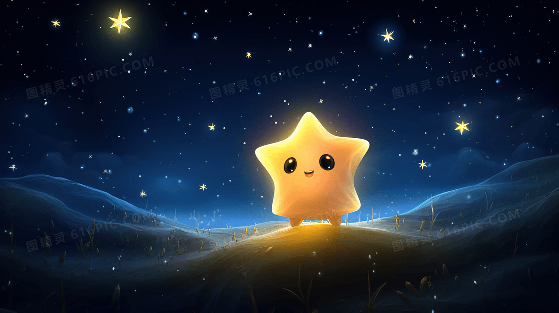 夜晚星空里的金色星星插画