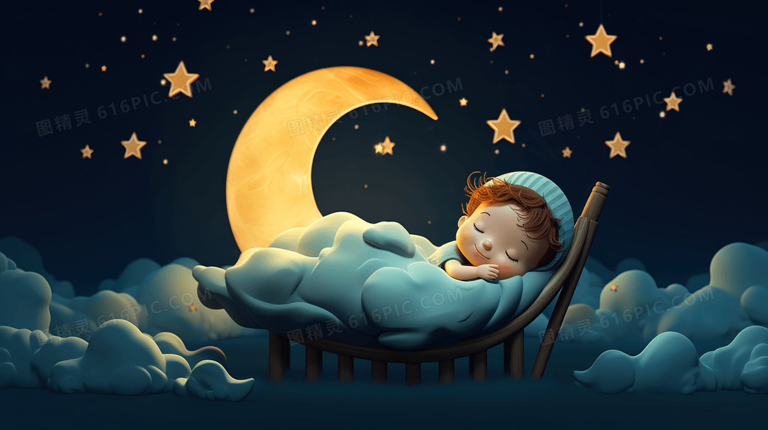 夜晚在星空月亮云朵上睡觉的C4D宝宝插画