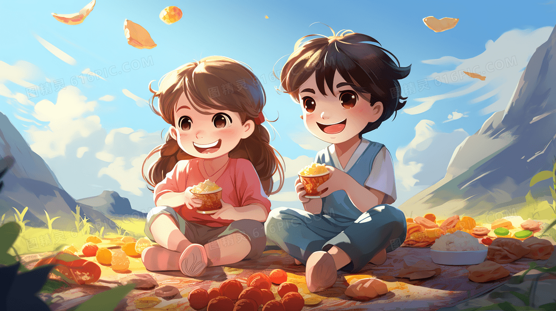 春游野餐享用美食的朋友插画