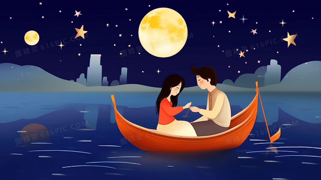 夜晚明月星空下泛舟的情侣插画