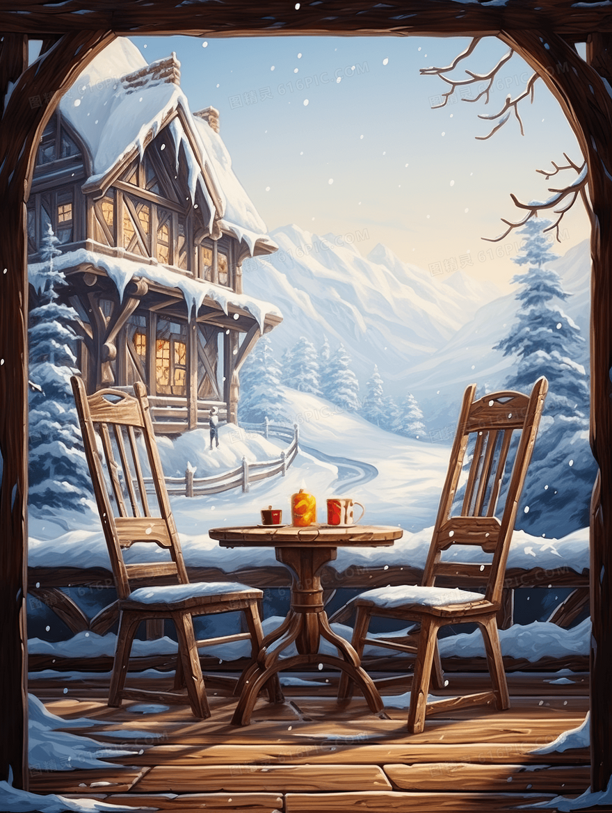 窗外冬季积雪雪景插画