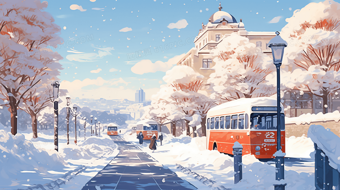 唯美冬季街景雪景插画