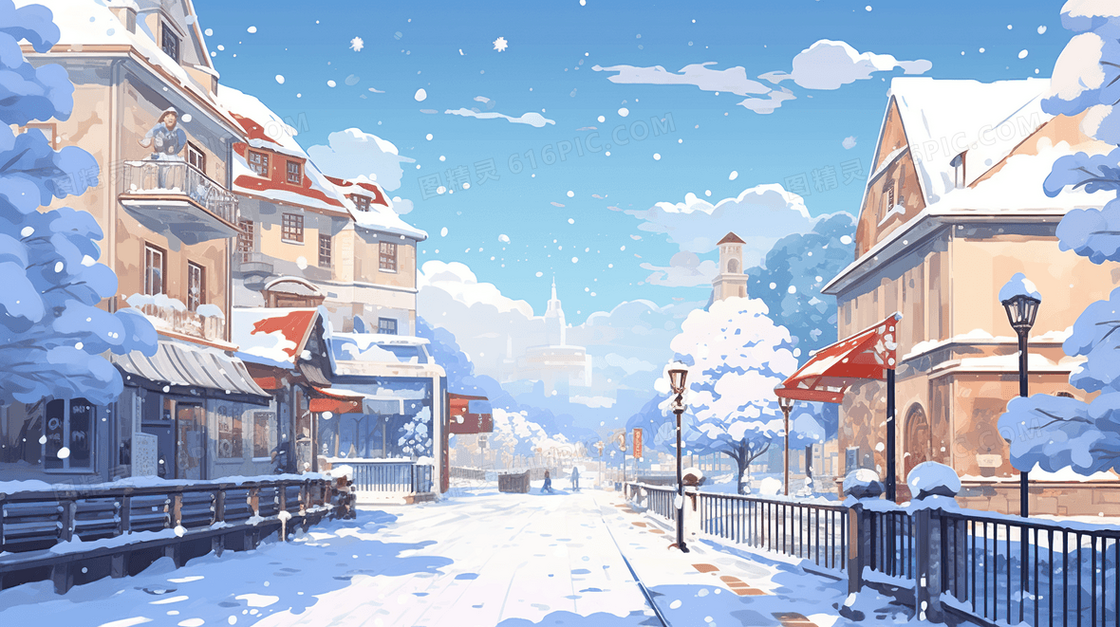 唯美冬季街景雪景插画