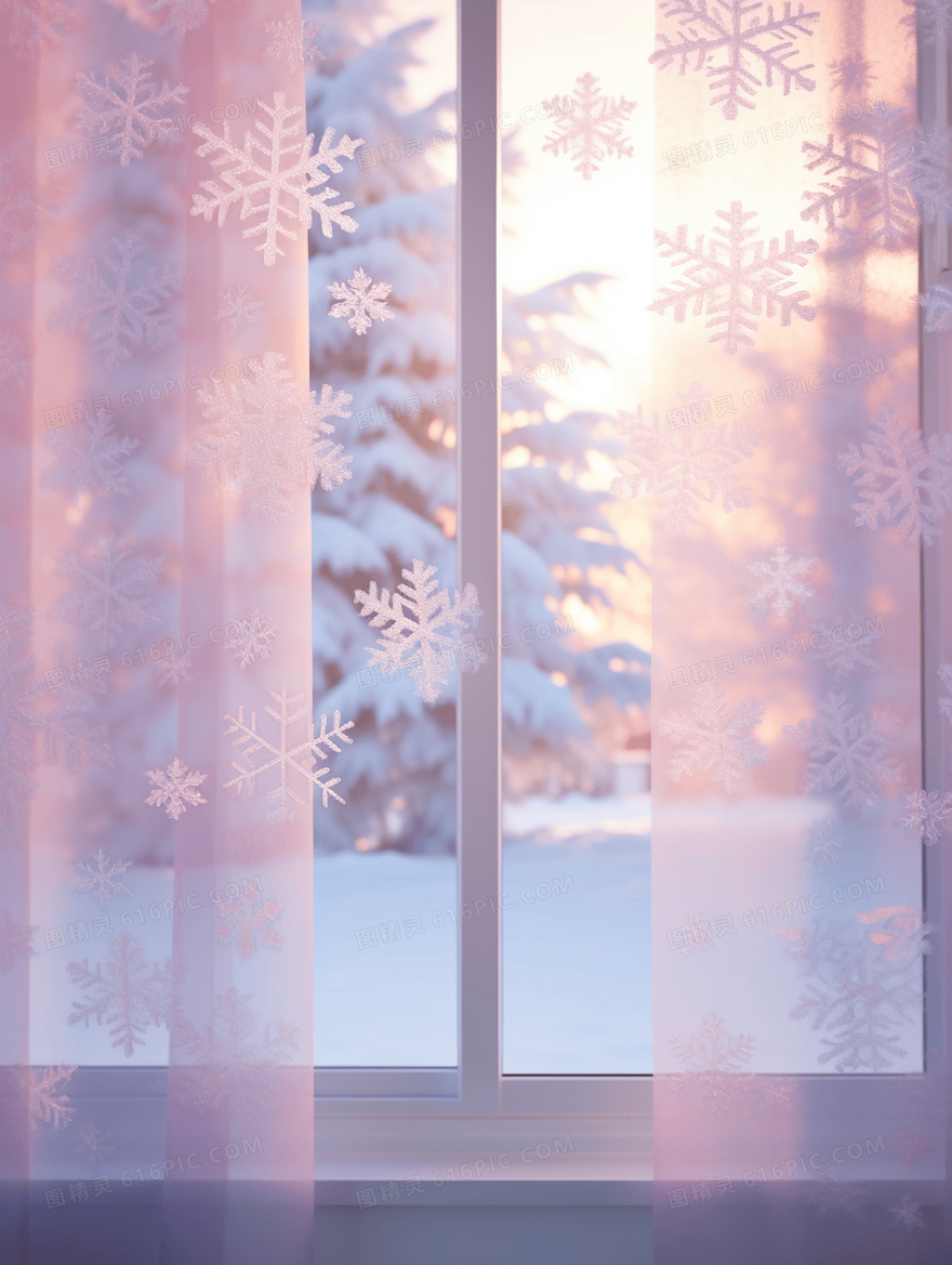 唯美窗外雪花雪景插画