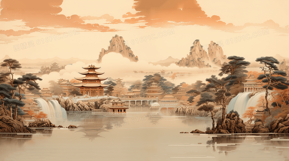 中式中国风古代建筑秋天山水风景插画