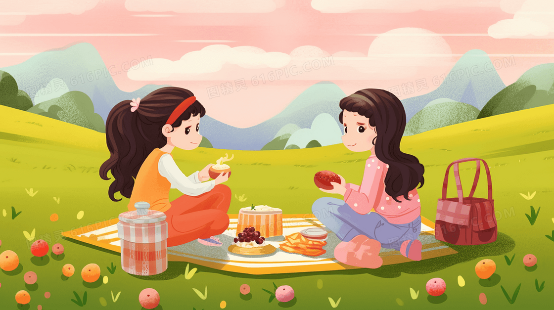山野里两个小女孩在野餐插画