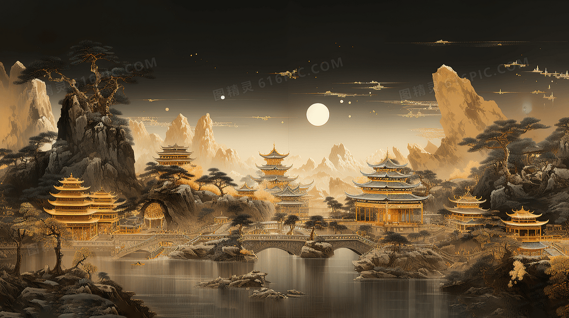 中式中国风古代建筑秋天山水风景插画