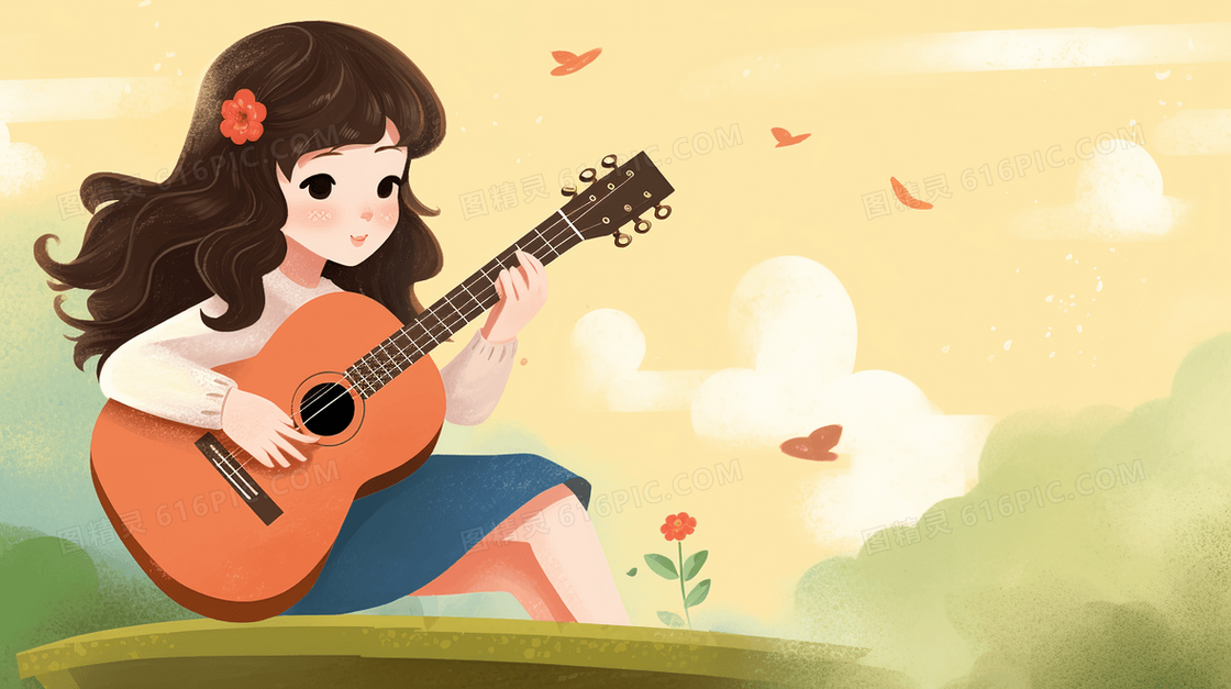 坐在户外弹吉他的女孩插画