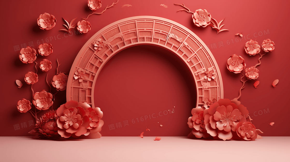 红色中国风新年电商c4d展台2024插画