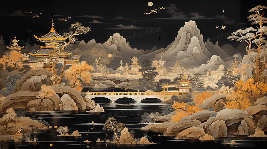 唯美中国风古代建筑山水风景插画