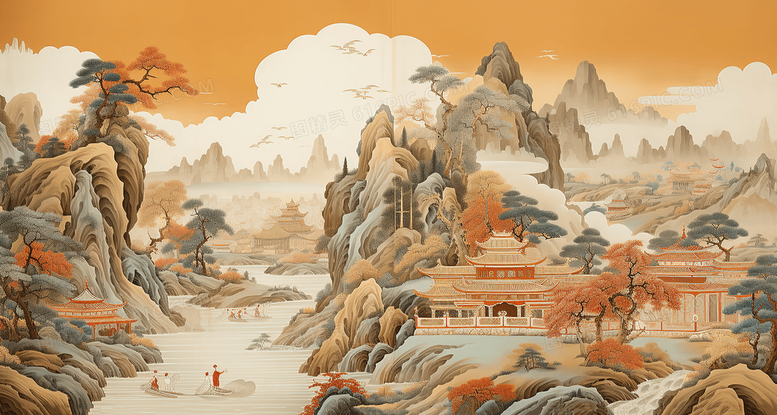 中式中国风古代建筑秋天山水风景插画