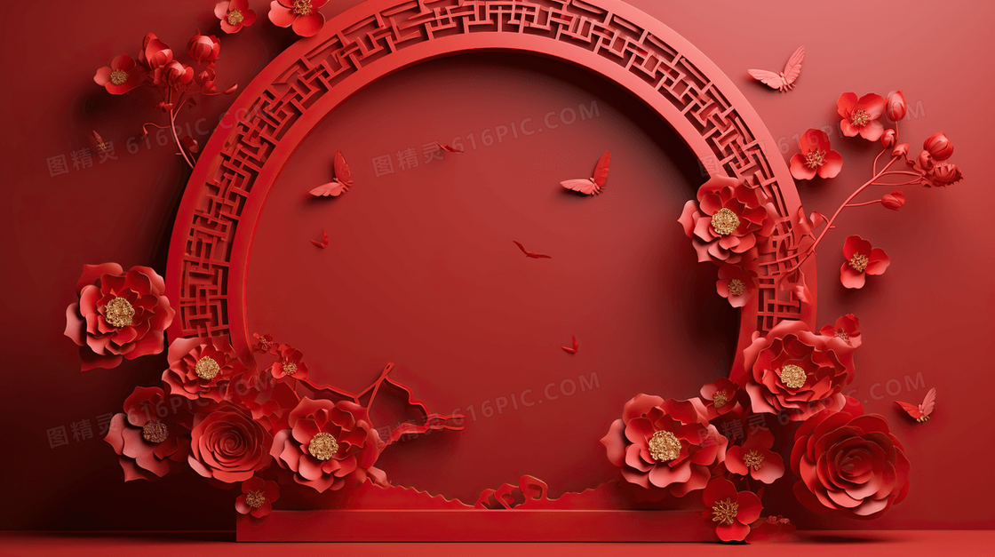 红色中国风新年电商C4D展台2024插画