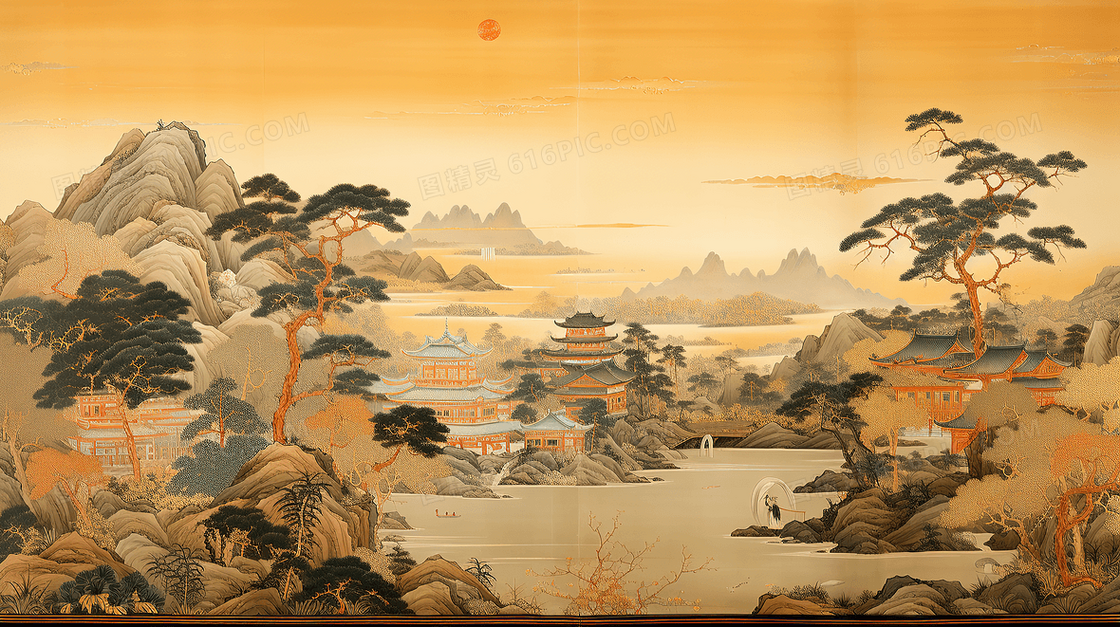 中式中国风古代建筑秋天山水风景插画