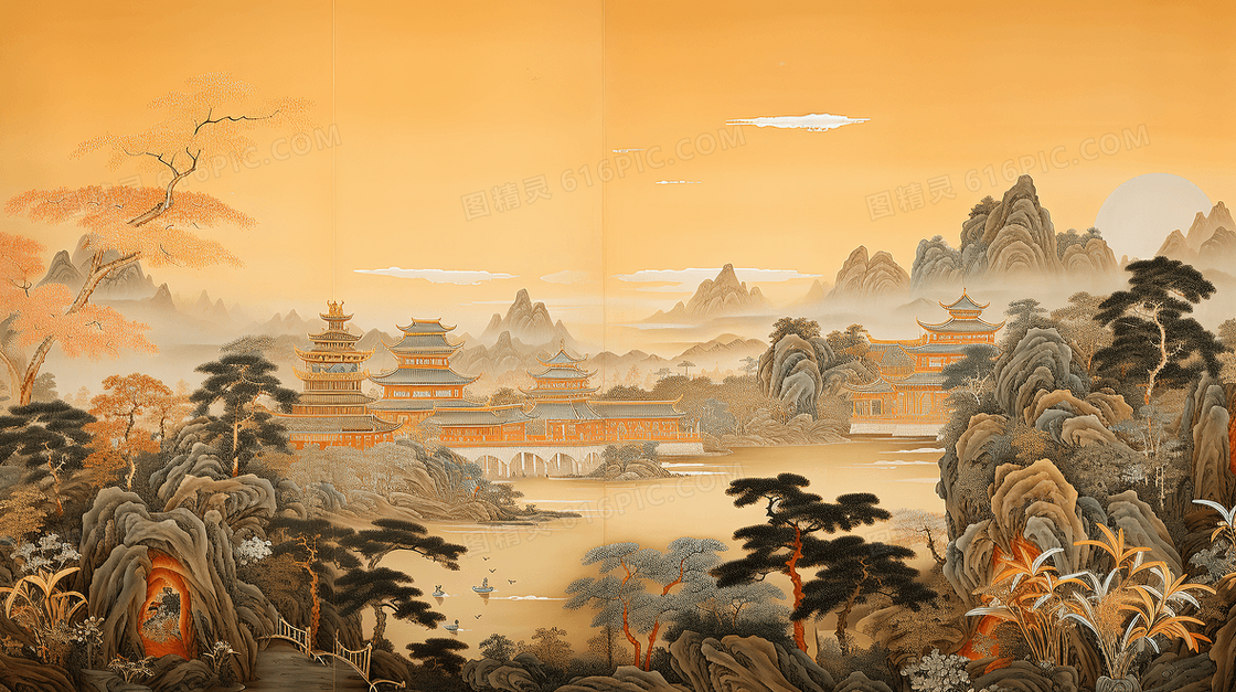 唯美中国风古代建筑山水风景插画