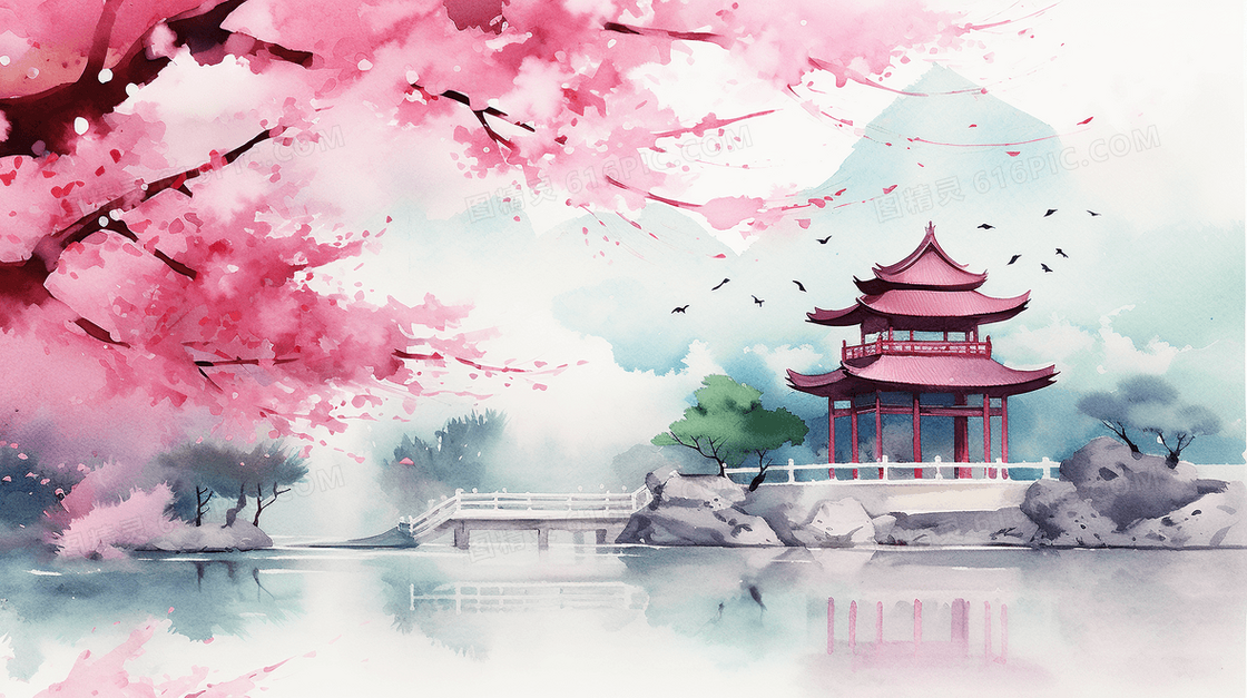 中国风山水樱花唯美风景插画