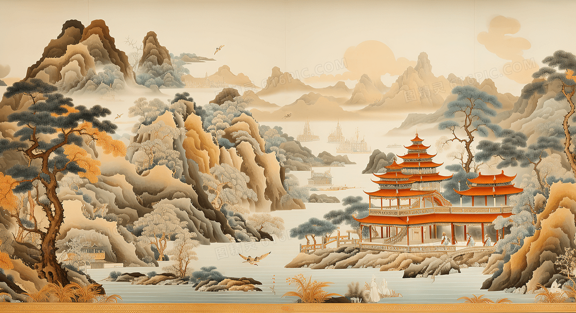 中式中国风古代建筑秋天山水风景插画