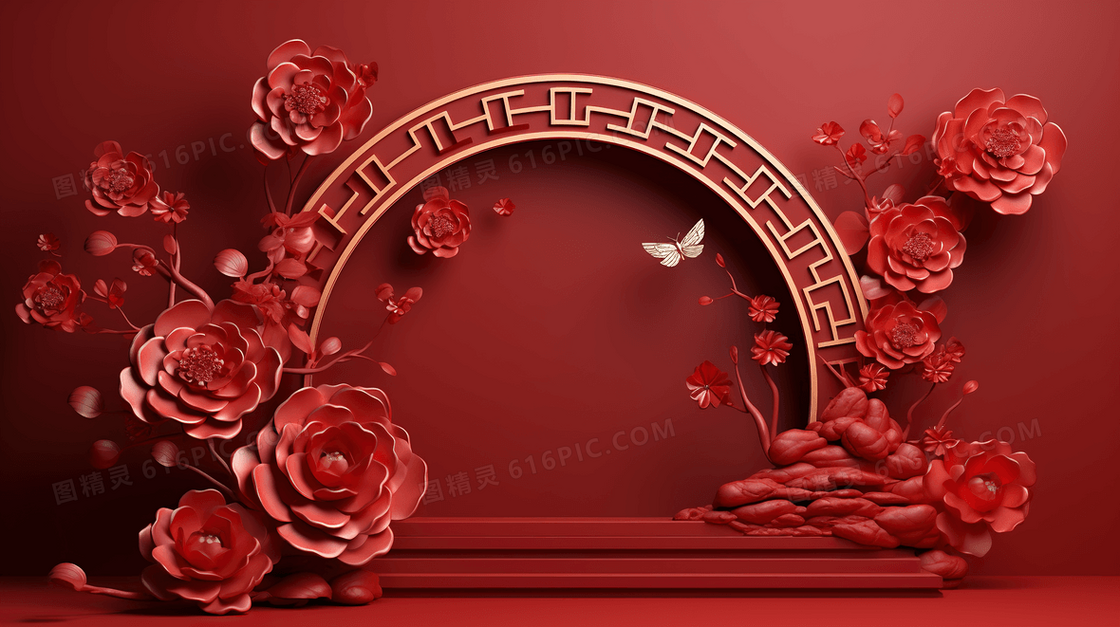 红色中国风新年电商C4D展台2024插画