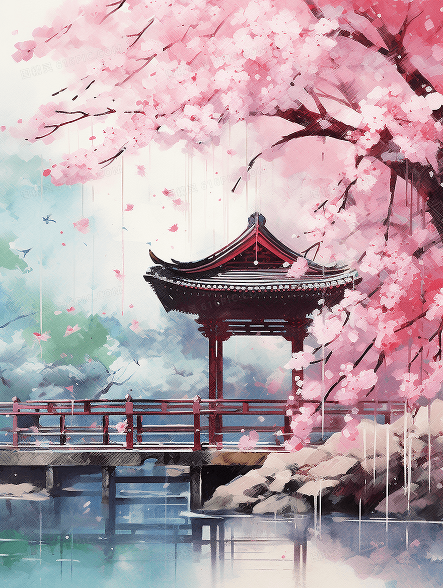 中国风山水樱花唯美风景插画