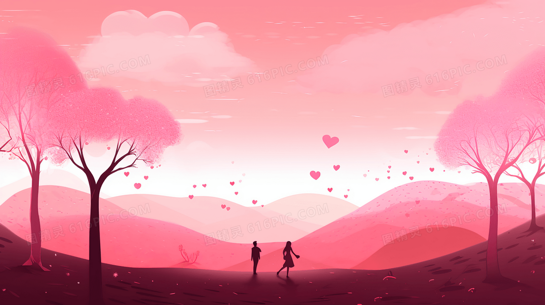 粉色山林里的情侣背影插画