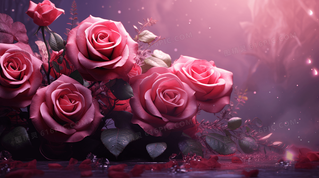一束绽放的粉红色玫瑰花插画