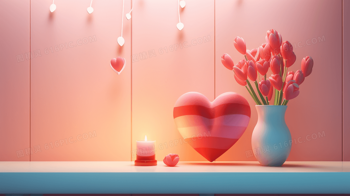 桌子上的爱心心形和蜡烛插画