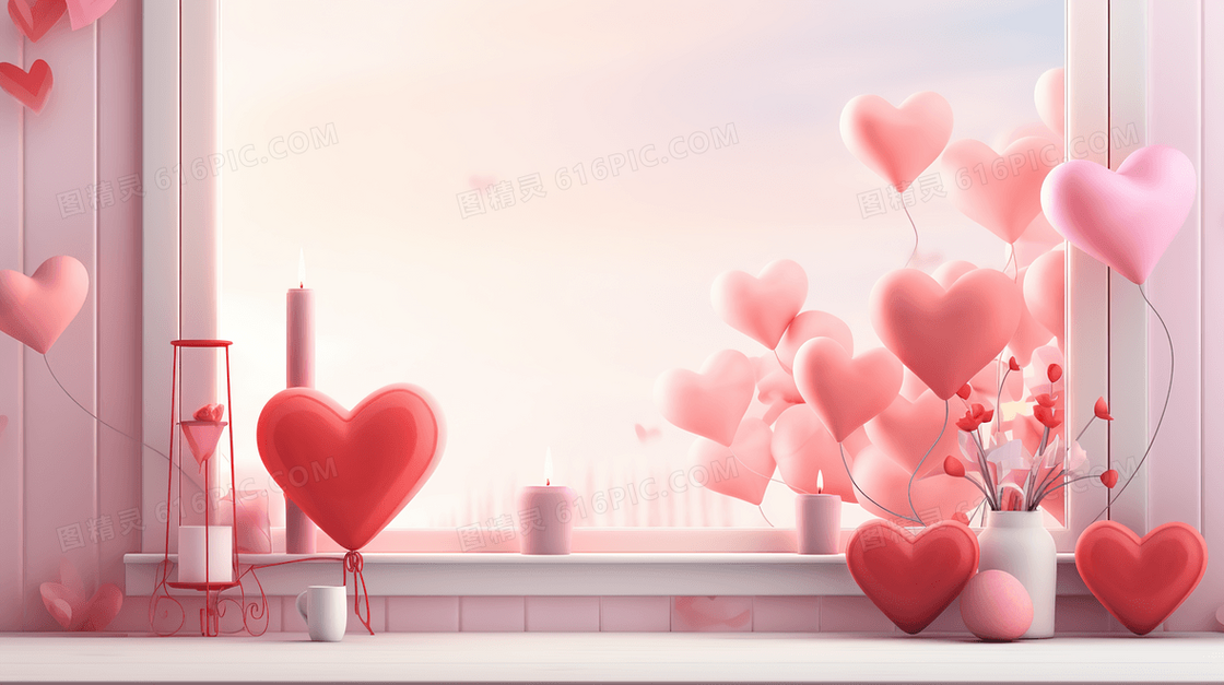 窗户边的桌上的C4D粉红色爱心插画