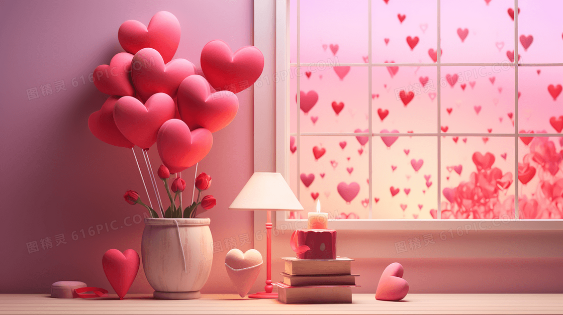 窗户边的书桌上的心形气球l礼物插画