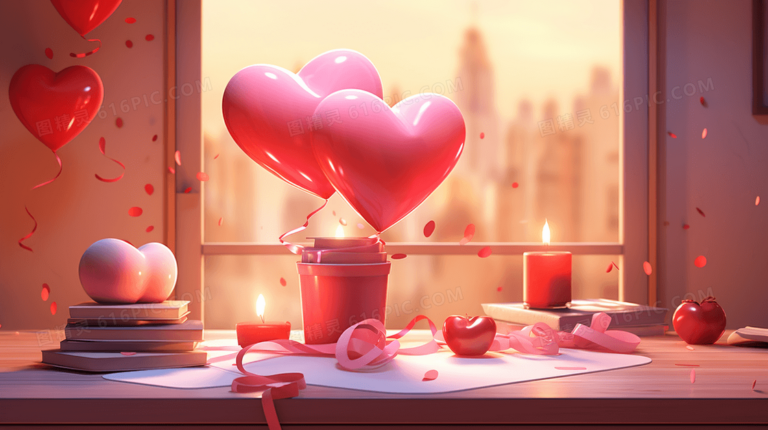 窗户边的书桌上的心形气球l礼物插画