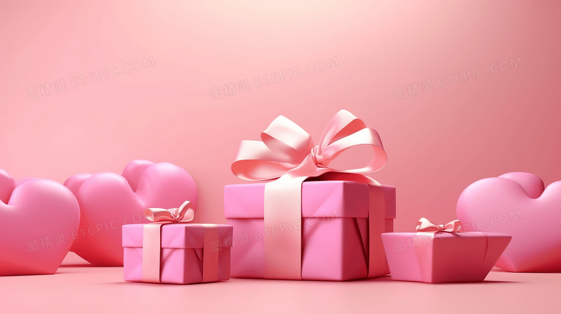 C4D粉色礼物盒和爱心心形插画