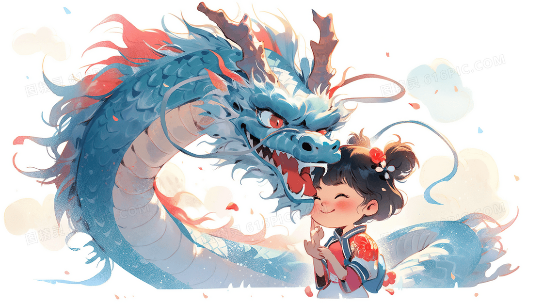 中国风蓝色神龙和可爱的少女儿童水彩插画