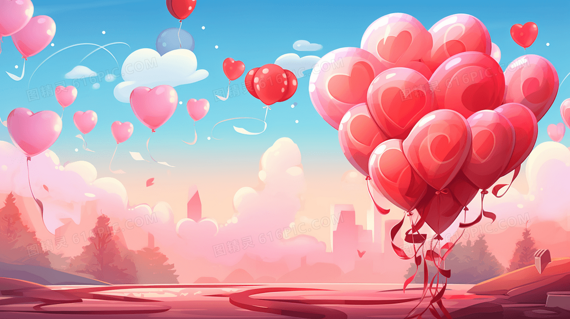 天空中一束红色的气球和粉色的心形气球插画