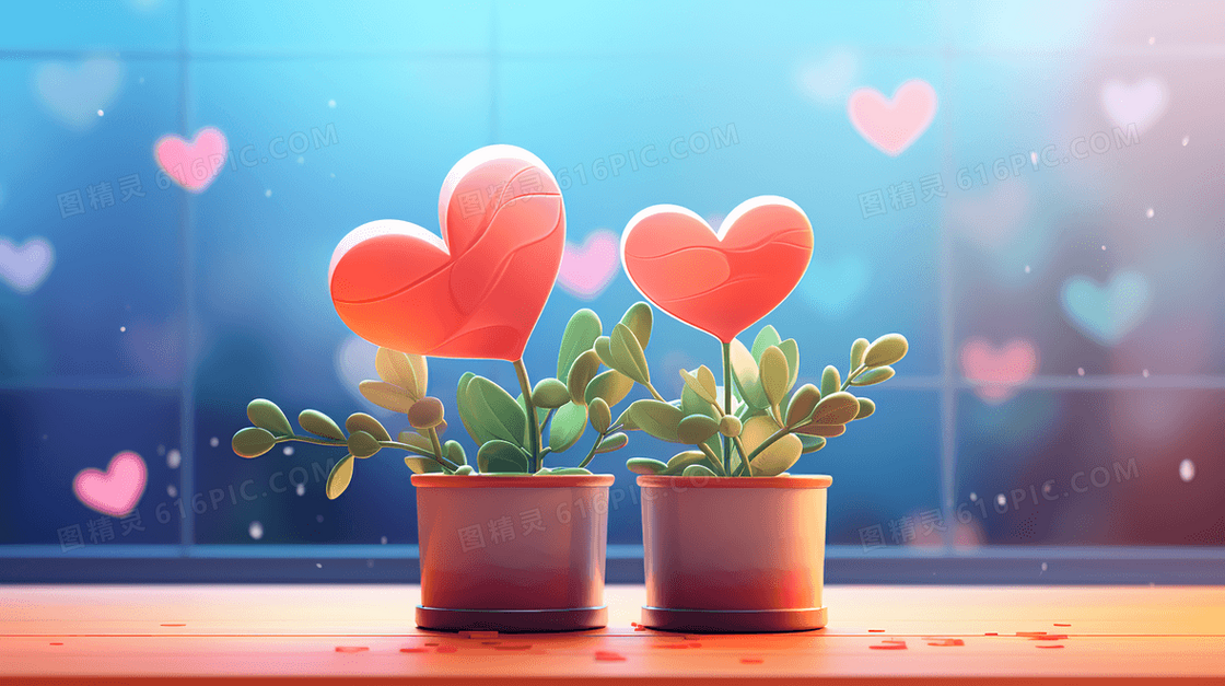 桌子上的两盆心形花花盆栽插画