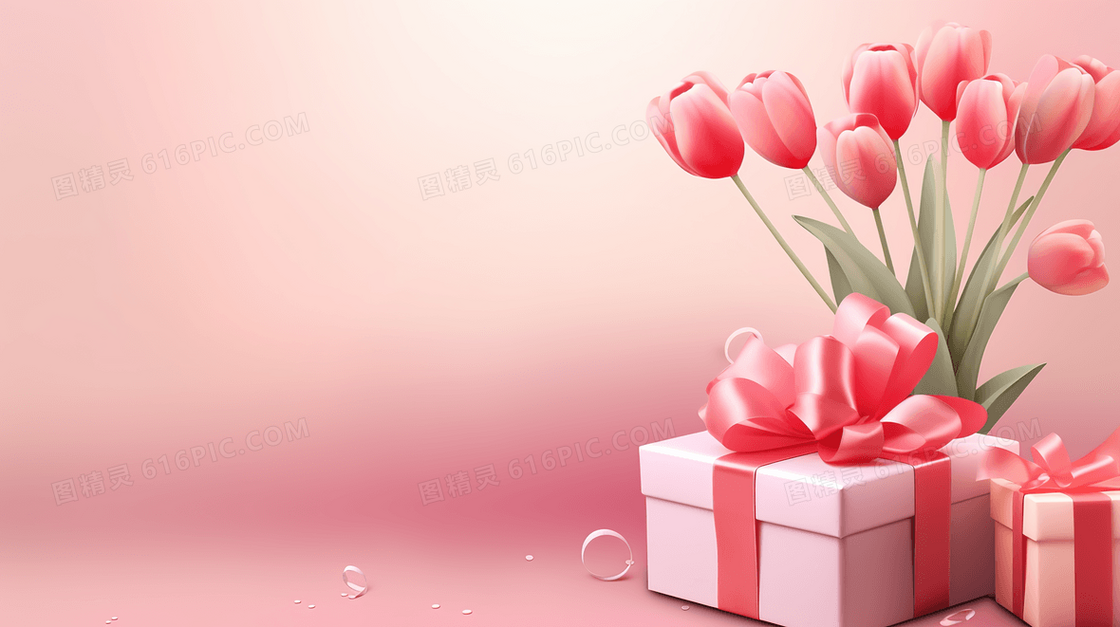一束鲜花和礼物盒插画