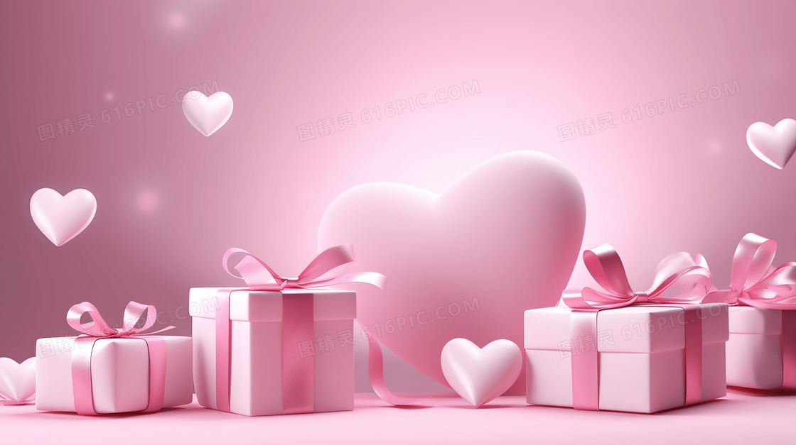 C4D粉色礼物盒和爱心心形插画