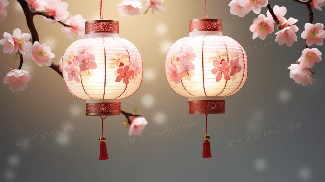 梅花花枝与中式灯笼插画