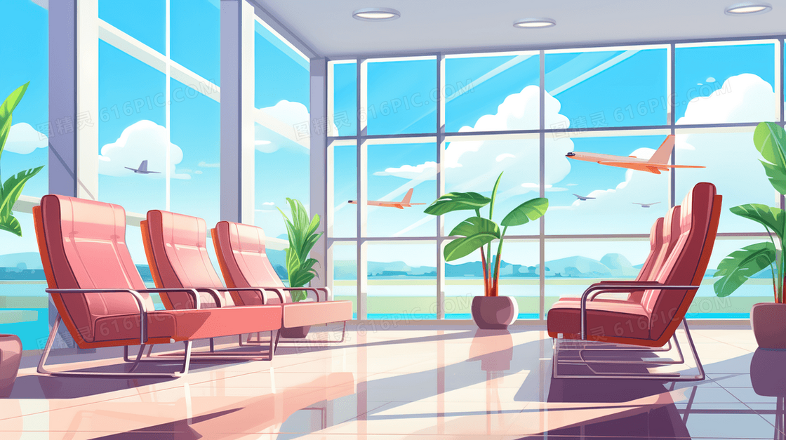 阳光照射着的机场候机室插画