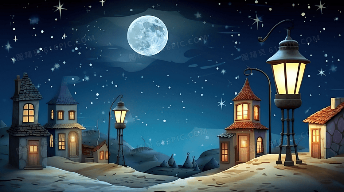 星空下城镇街道夜景插画